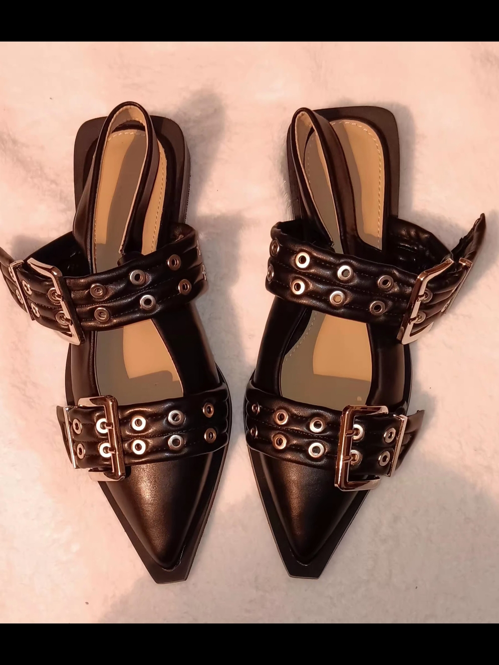 Pointed Toe Black Buckle Slingback Flats